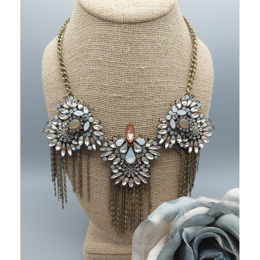 Veronese Statement Pendant Collar Necklace Crystal & Chains Gold Tone 20" Bib